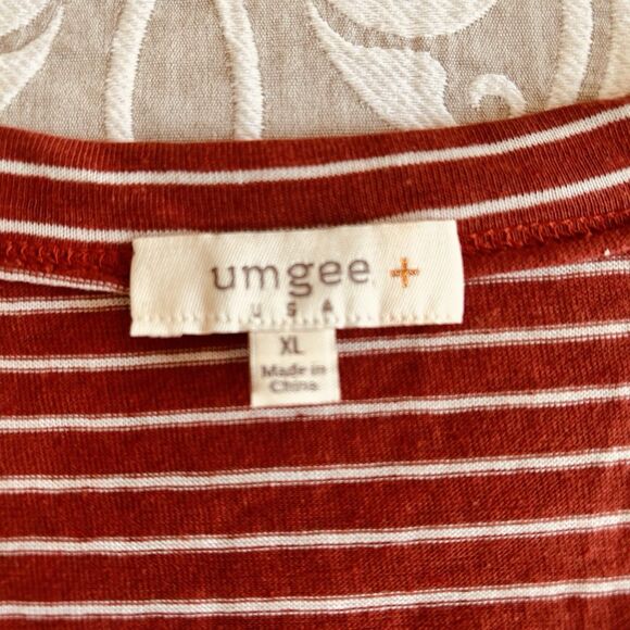Umgee USA Blouse Women XL Rust White Stripe Hi Lo Linen Cotton Raw Edges Boho - Picture 3 of 11